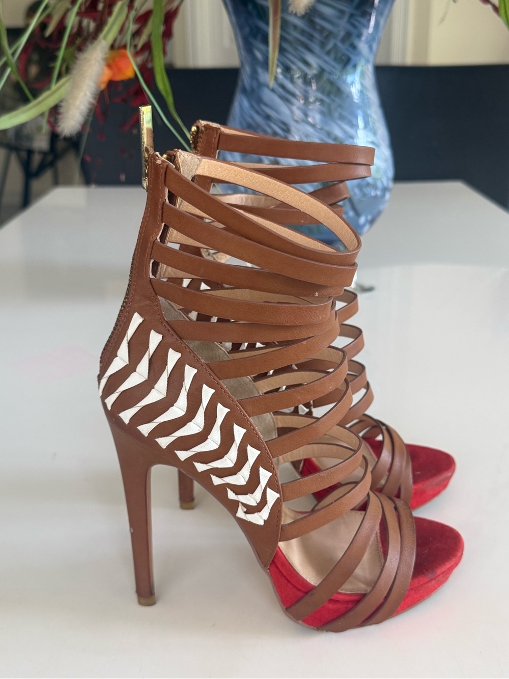 bebe Brown Strappy High Heel Sandals with Red Toe